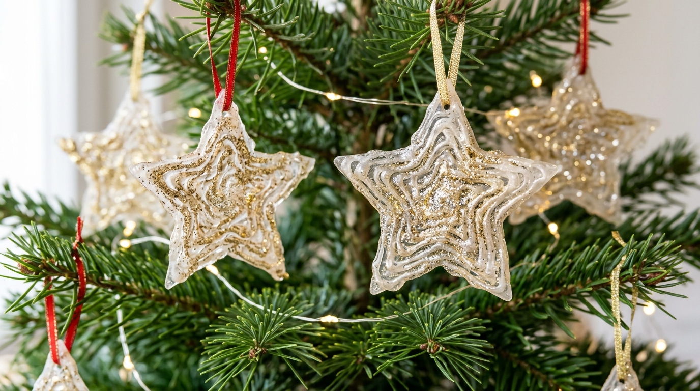 Glitter glue star ornaments hanging on a Christmas tree