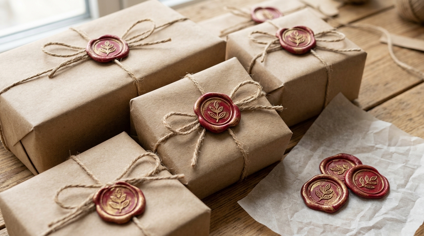 Kraft paper gifts sealed with red and gold faux wax seals