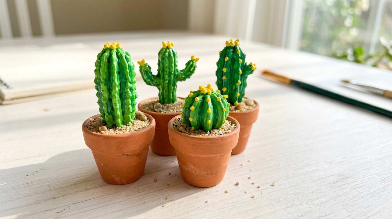 Hot glue crafts: painted green glue cacti with yellow flowers in clay pots