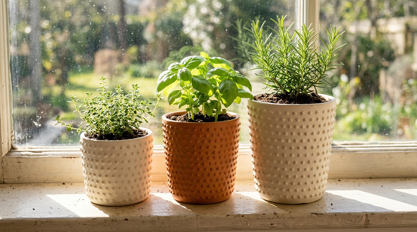 Planters covered in raised glue dots painted cream and terracotta with herbs