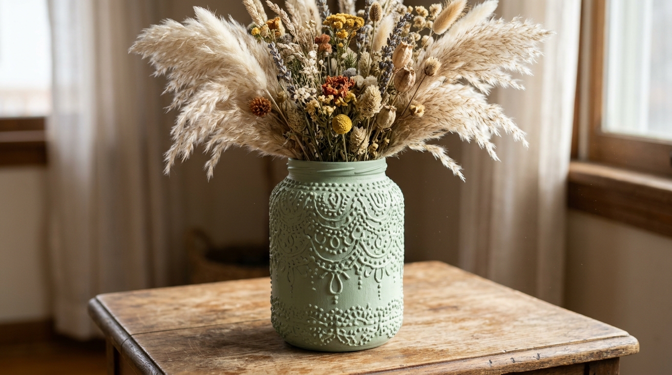 Glass vase with raised glue lace pattern painted sage green holding dried flowers
