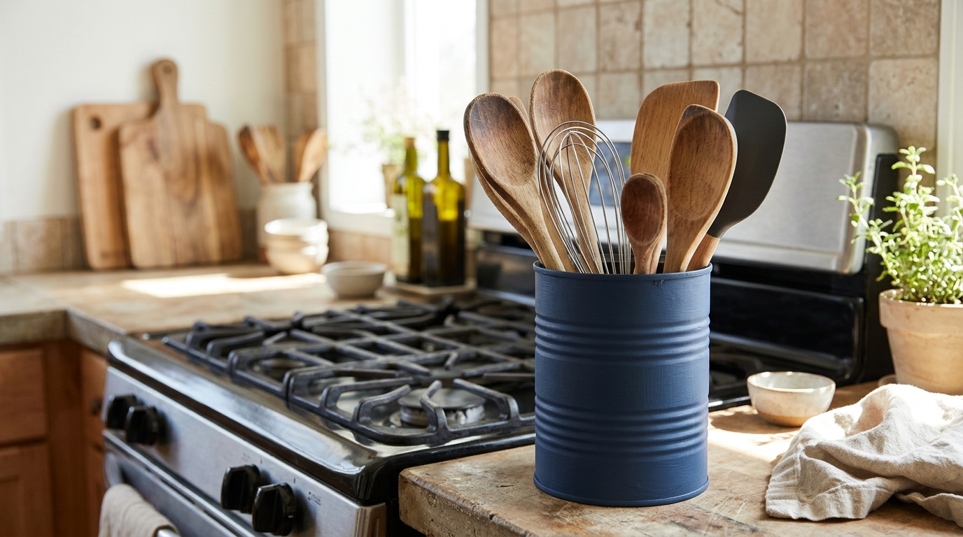 Navy painted metal can holding wooden spoons and a whisk by the stove