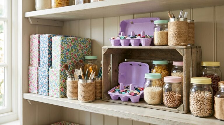Upcycled storage ideas on a pantry shelf: fabric covered boxes, painted lid jars, rope cans and an egg carton