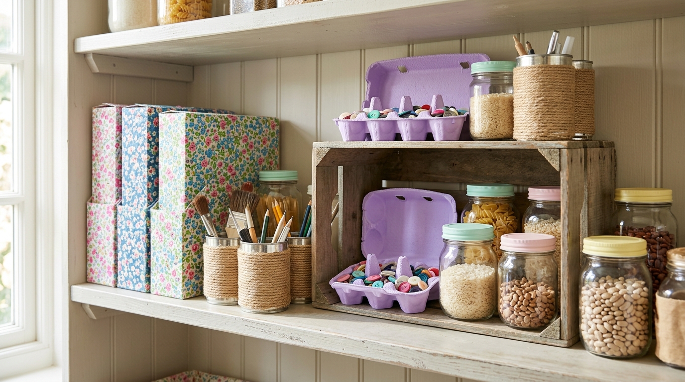 Upcycled storage ideas on a pantry shelf: fabric covered boxes, painted lid jars, rope cans and an egg carton
