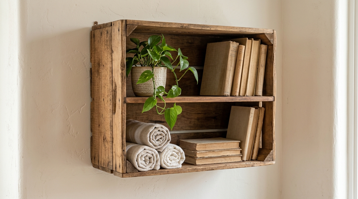 Wooden crate mounted as a wall shelf with books, a plant and towels
