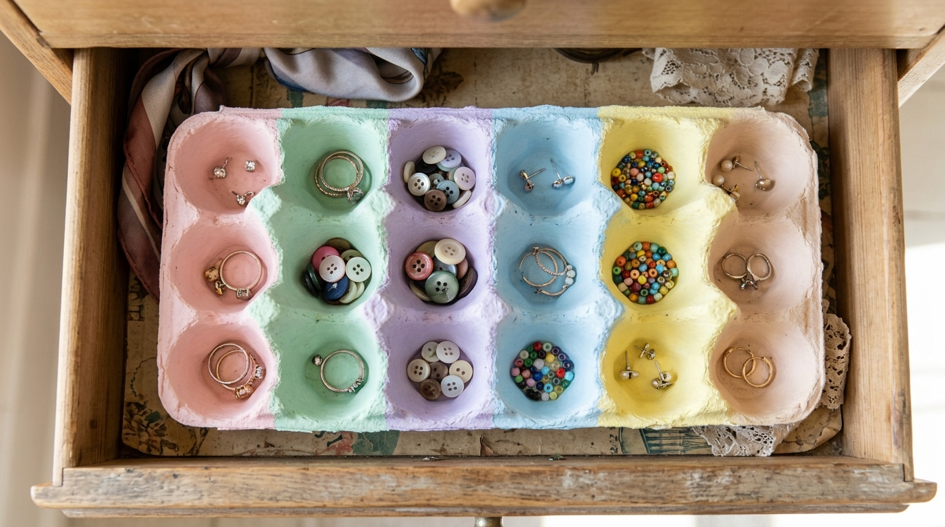 Upcycled storage ideas with a pastel painted egg carton sorting earrings and buttons