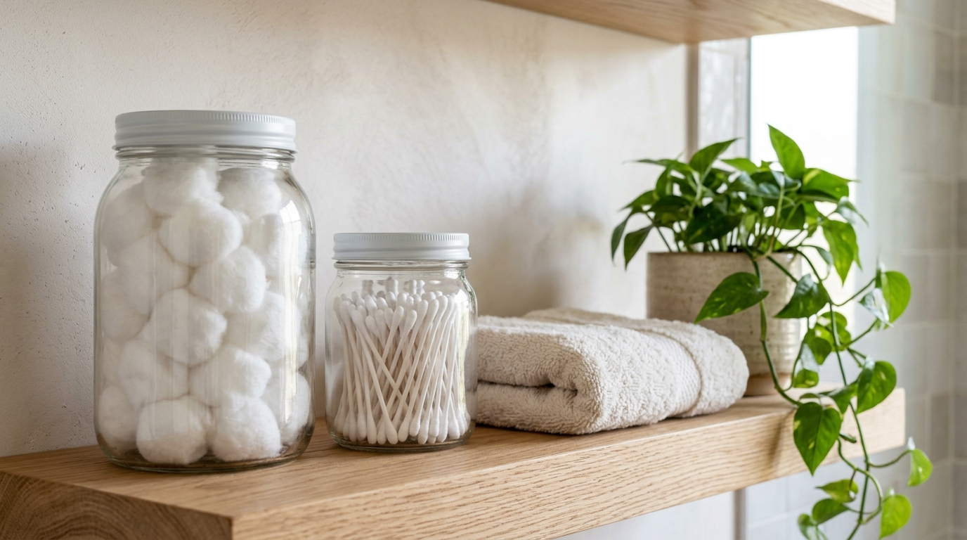 Large glass jar with a white painted lid holding cotton balls on a bathroom shelf