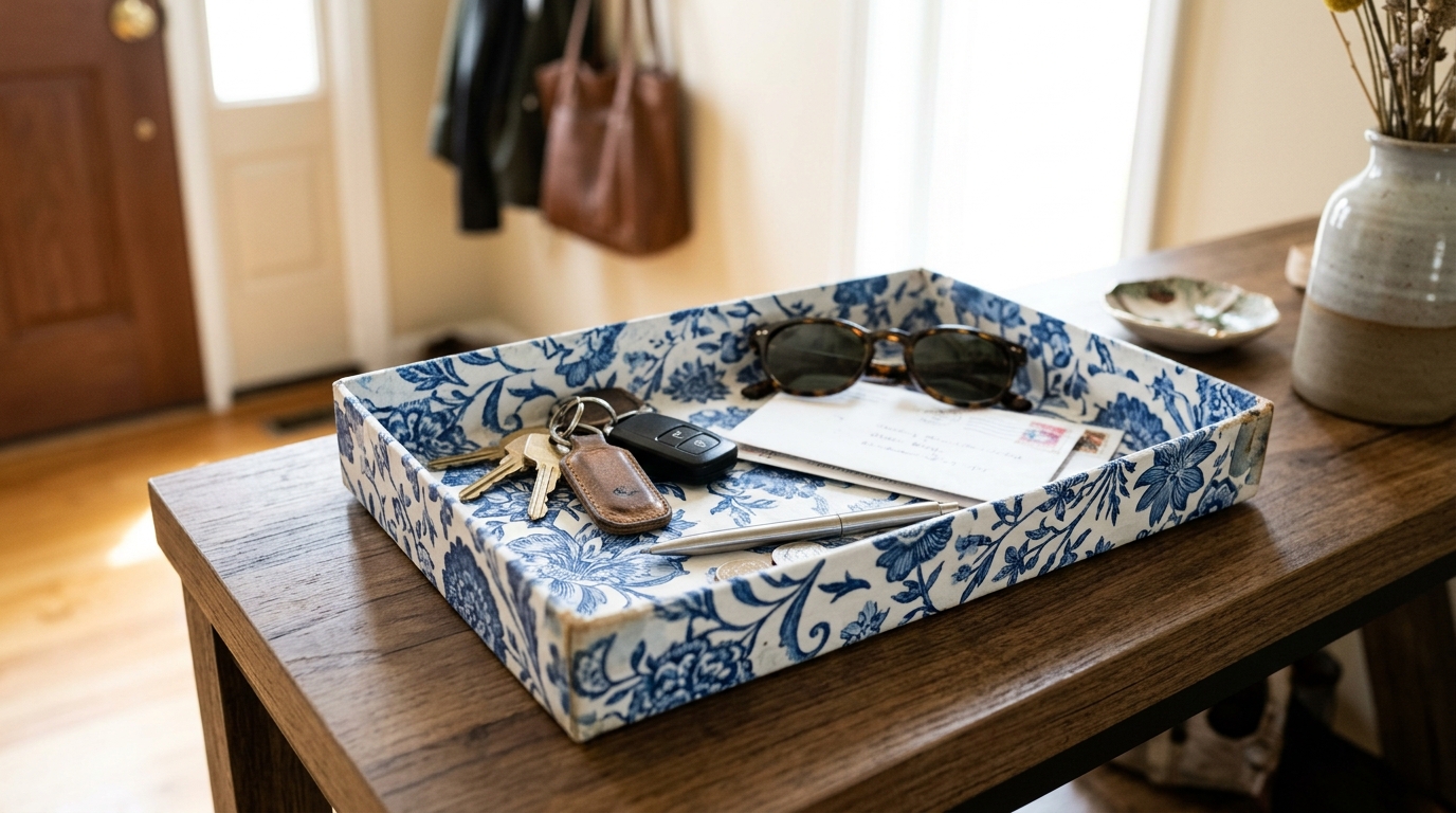 Shoe box lid covered in blue patterned paper holding keys and sunglasses