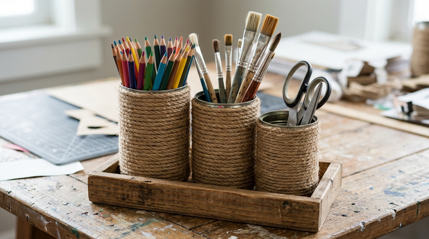 Rope wrapped tin cans holding pencils, brushes and scissors on a tray