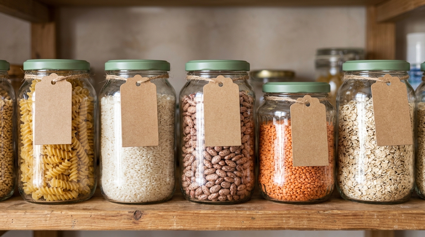Upcycled storage ideas: reused glass jars with green painted lids holding pasta, beans and oats