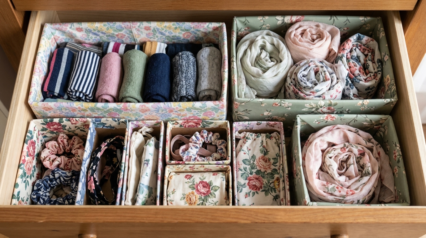 Drawer divided with fabric covered cereal boxes holding socks and scarves