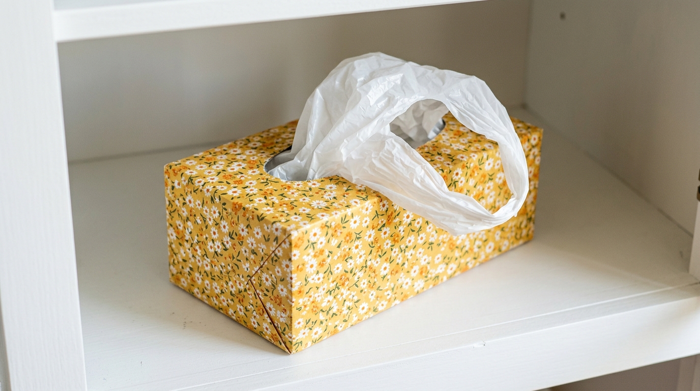 Tissue box covered in yellow floral paper dispensing a plastic bag