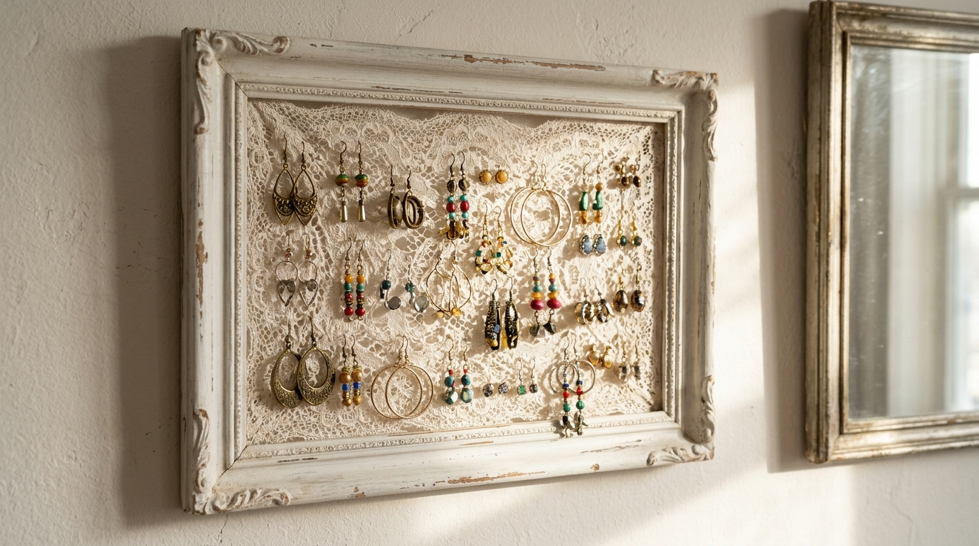 Old frame with lace stretched across holding earrings