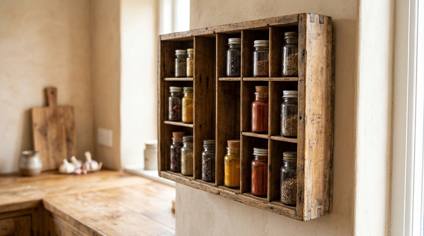 Wooden cutlery tray hung on a wall as a spice rack