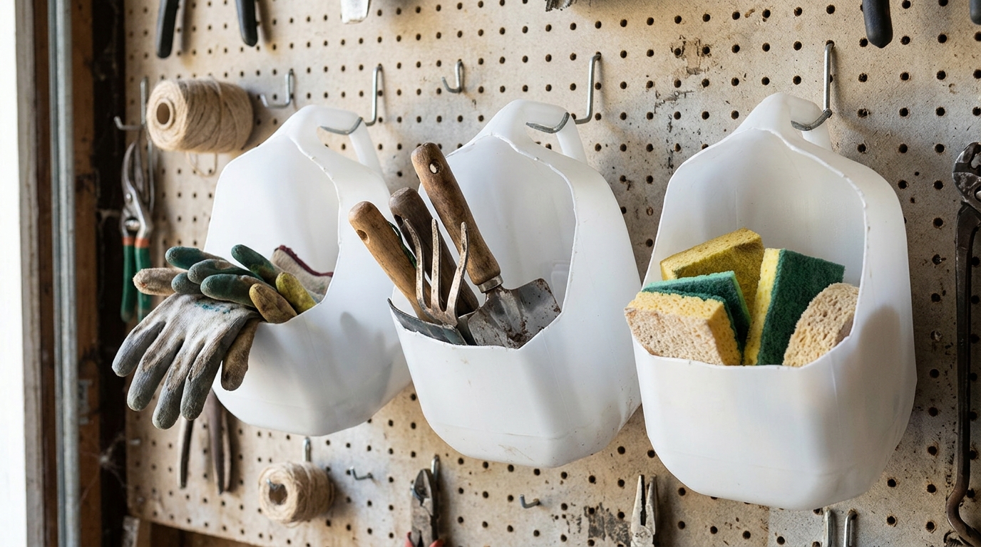 Cut plastic jugs hanging on a pegboard holding gloves and sponges
