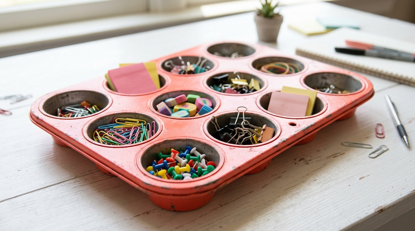 Upcycled storage ideas for the desk: coral painted muffin tin with clips and pins