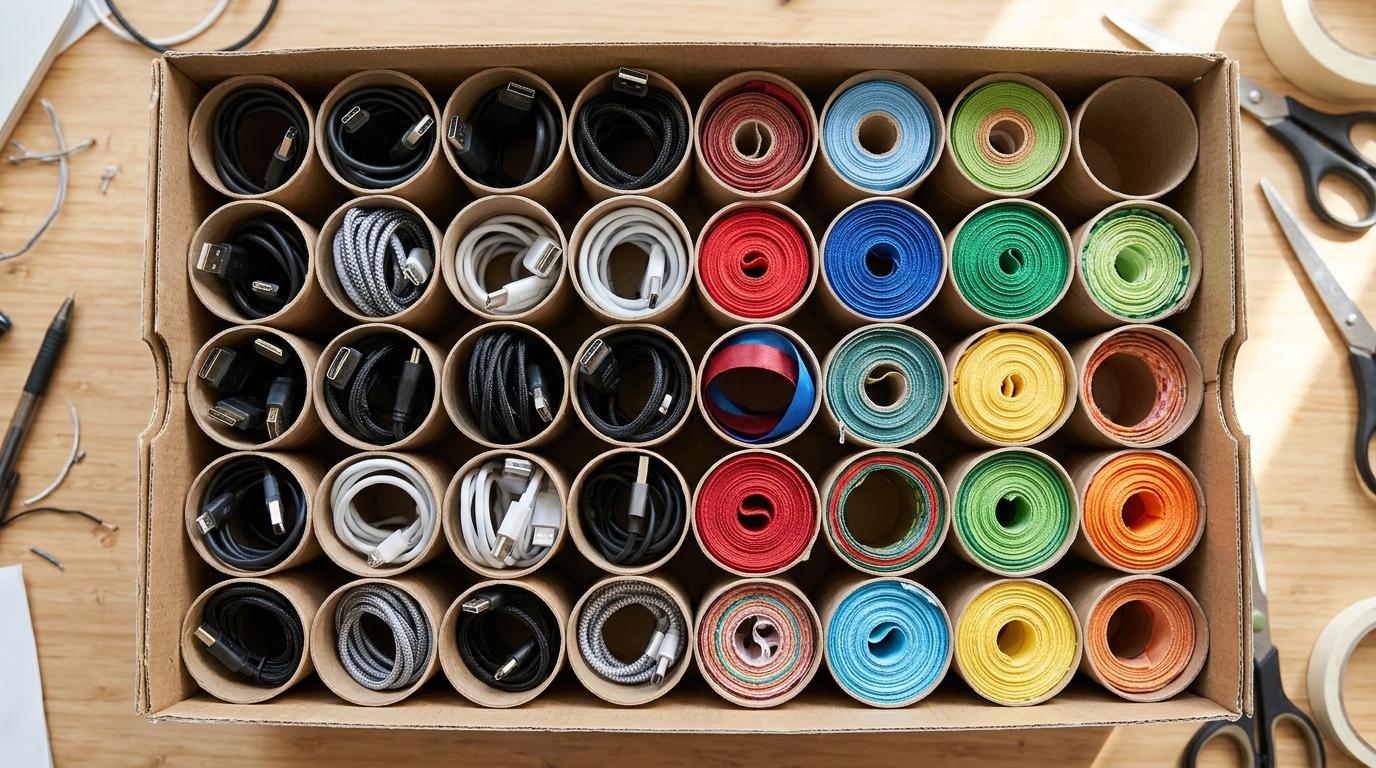 Paper towel tubes in a shoe box holding cords and ribbon