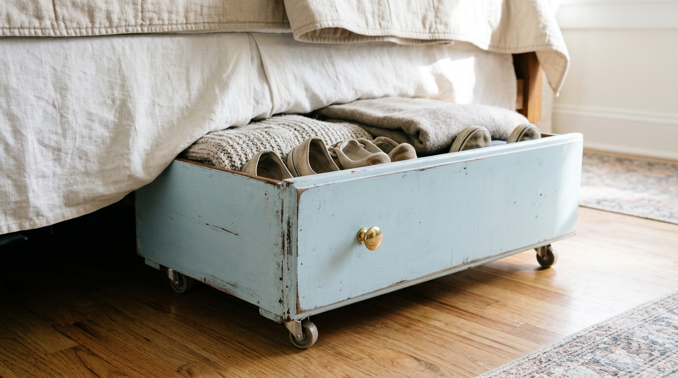 Old blue drawer on casters rolled under a bed with blankets