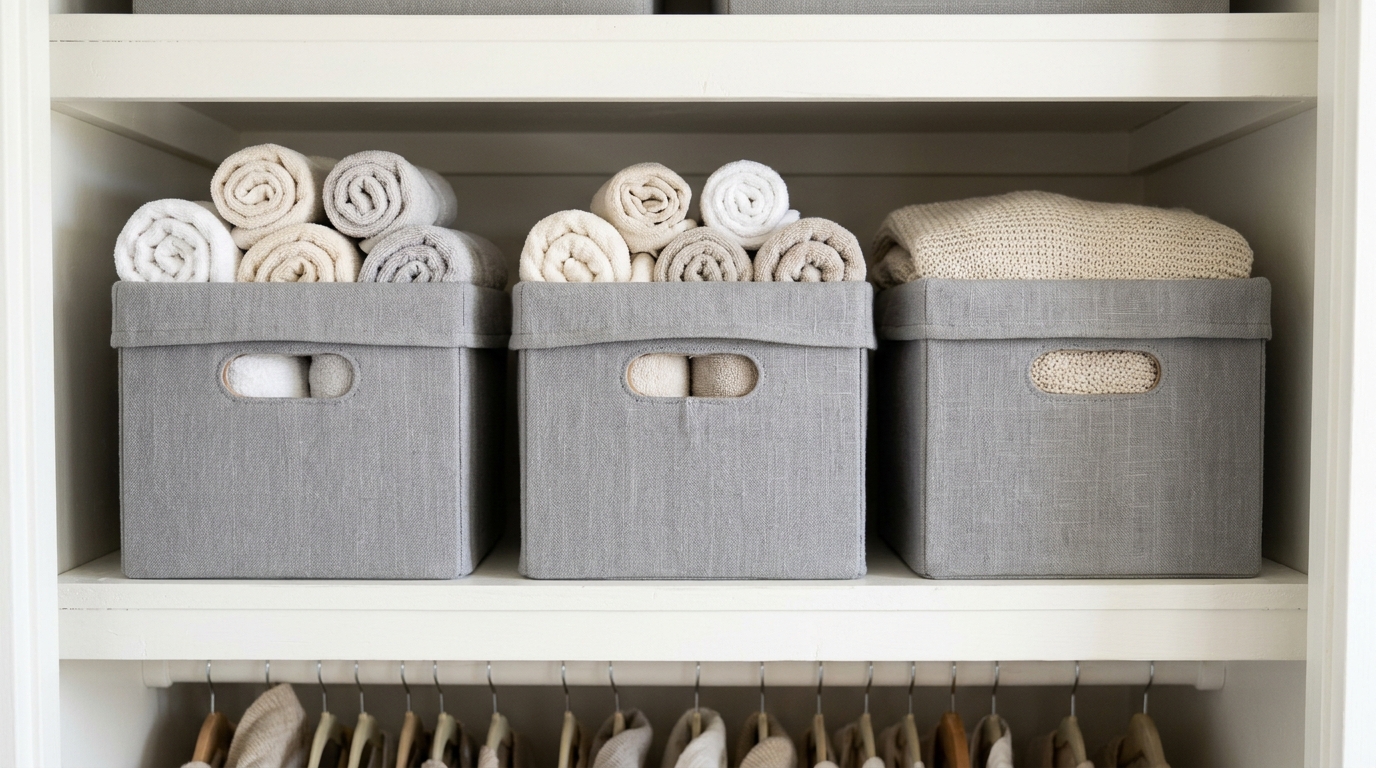 Upcycled storage ideas: shipping boxes covered in gray linen holding towels