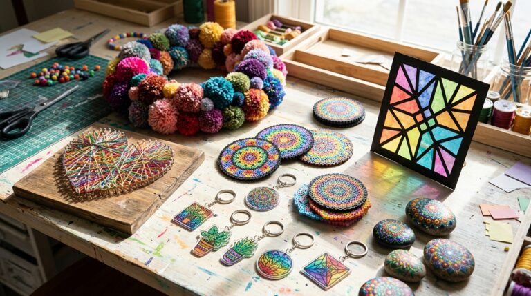 Kidult craft ideas on a table: shrink charms, fuse bead coasters, pom pom wreath, string art heart and painted rocks