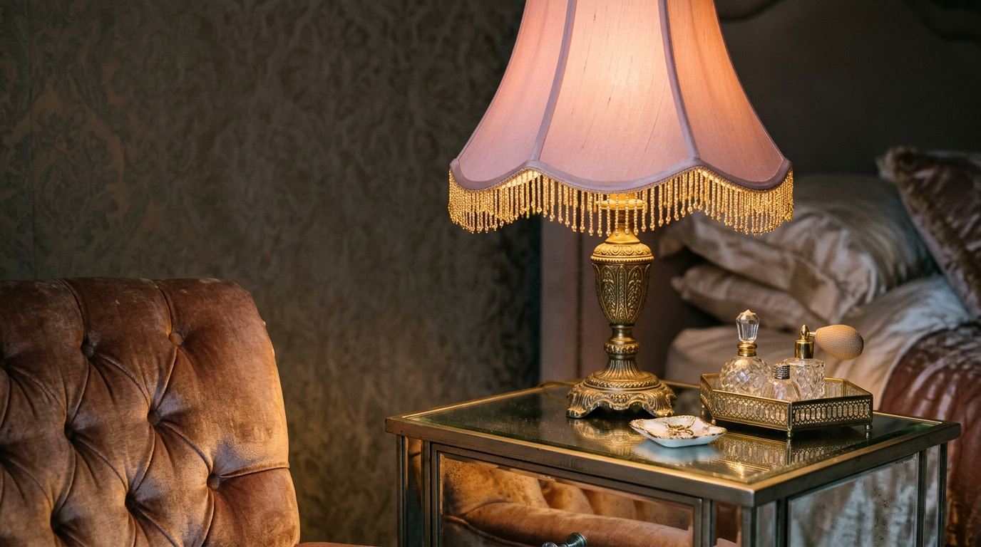 Blush pink lampshade with gold beaded fringe glowing on a mirrored nightstand