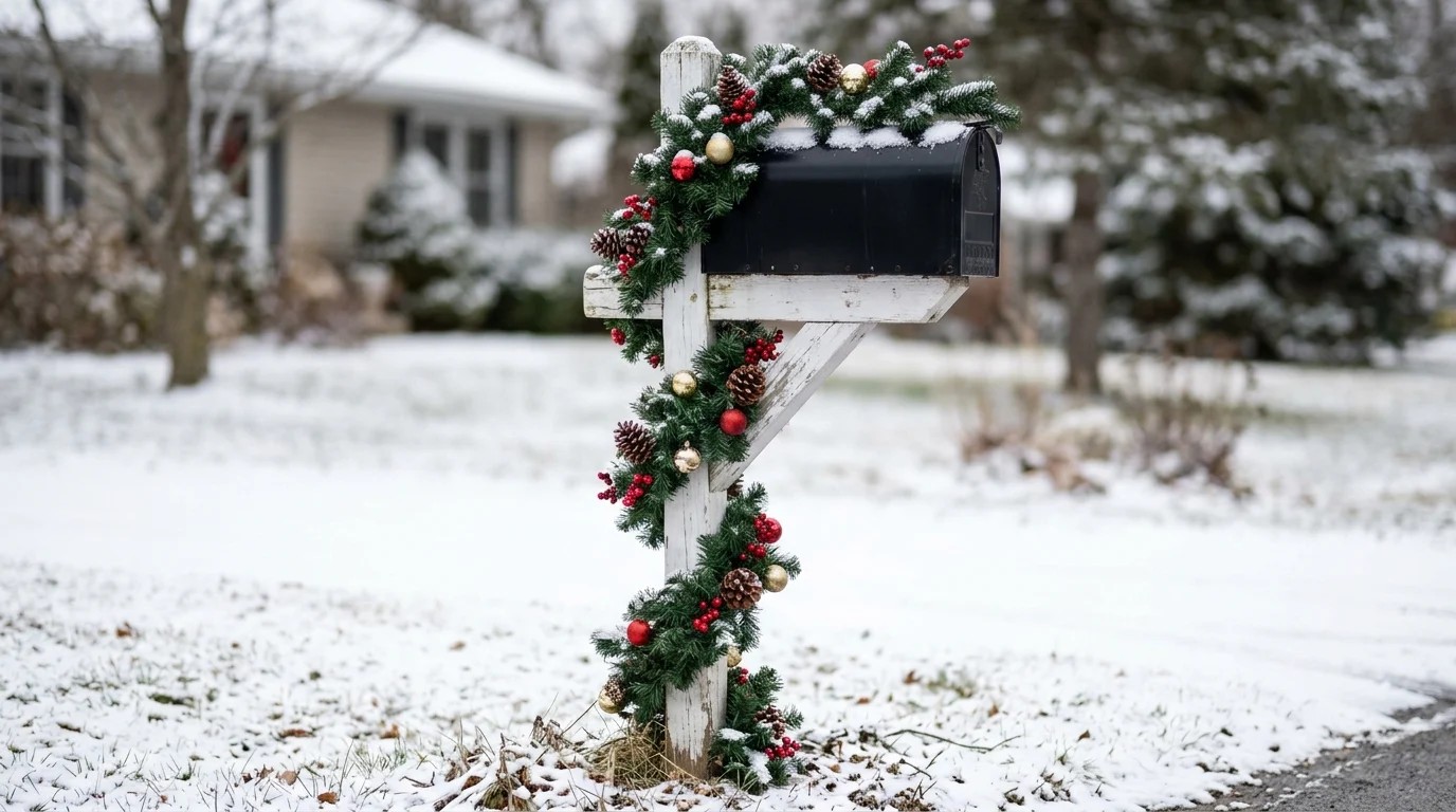 Christmas mailbox decor with pine garland, berries and ornaments spiraling up a white post