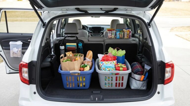 Car organization hacks in an SUV trunk with laundry basket dividers, a seat back organizer, a trash can and snack bins