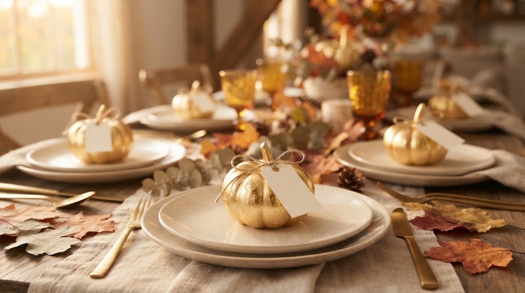 Martha Stewart Thanksgiving gilded mini pumpkin place cards on cream plates