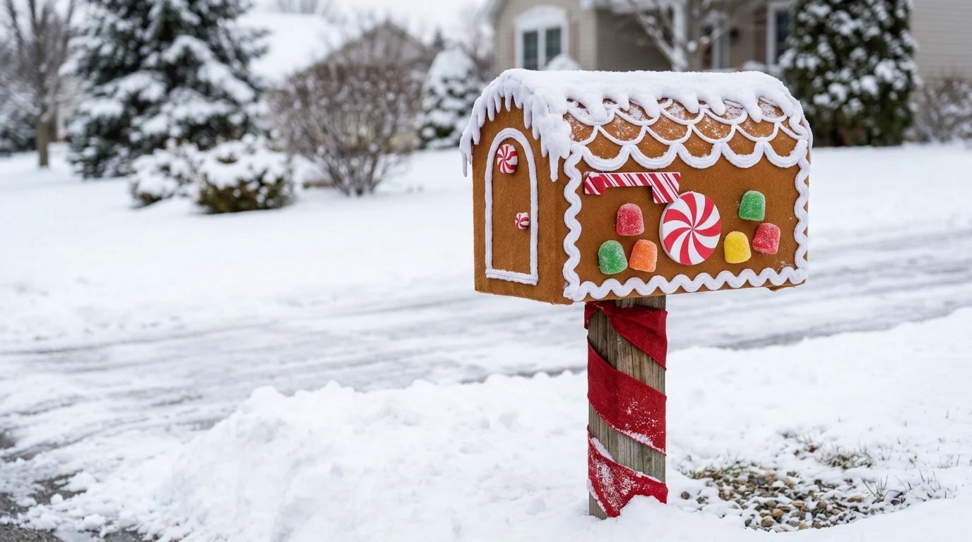Mailbox decorated as a gingerbread house with icing trim and peppermints