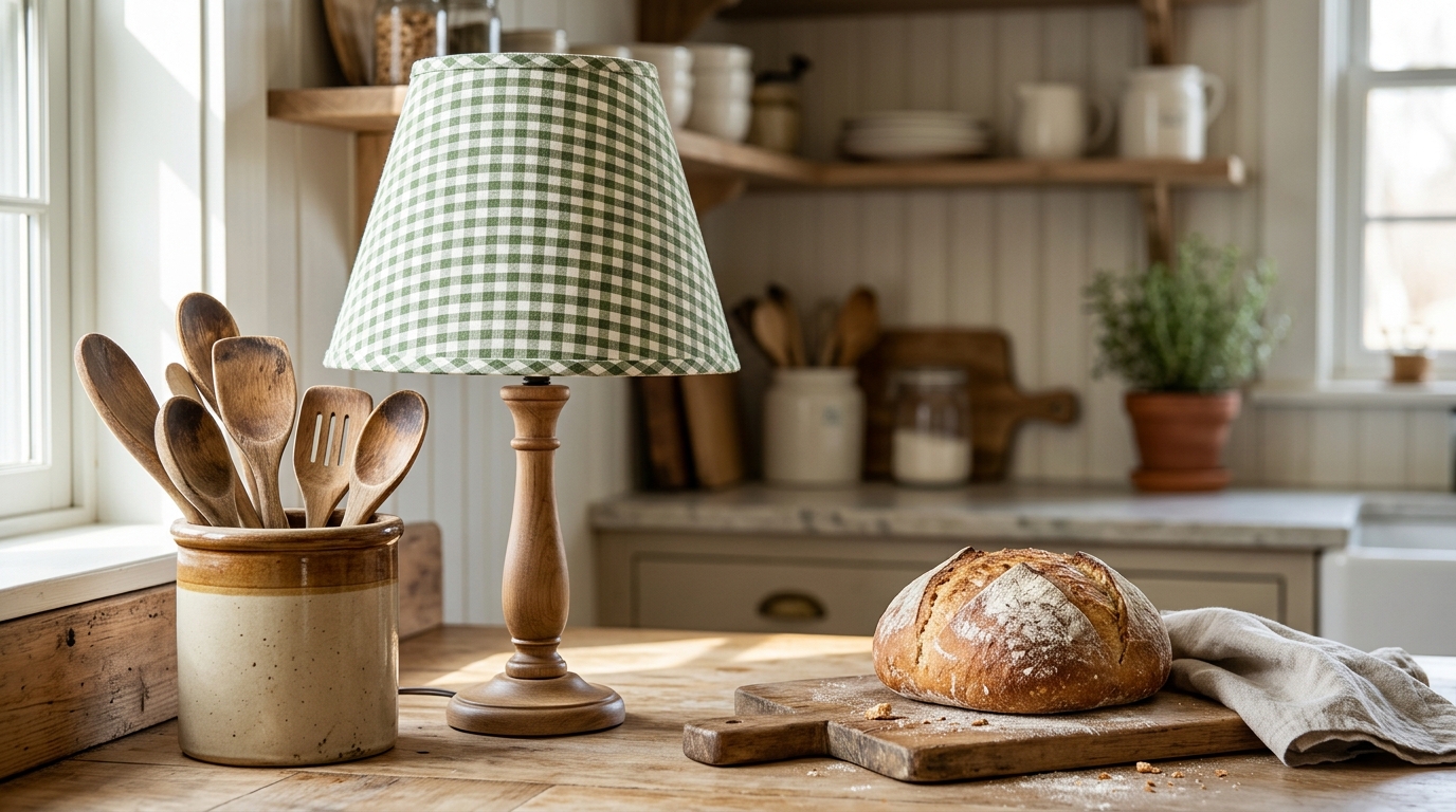 Green gingham fabric lampshade on a farmhouse kitchen counter