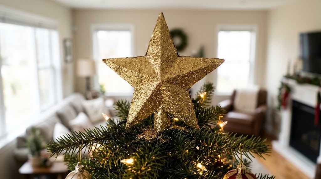 Gold glitter cardboard star on top of a Christmas tree