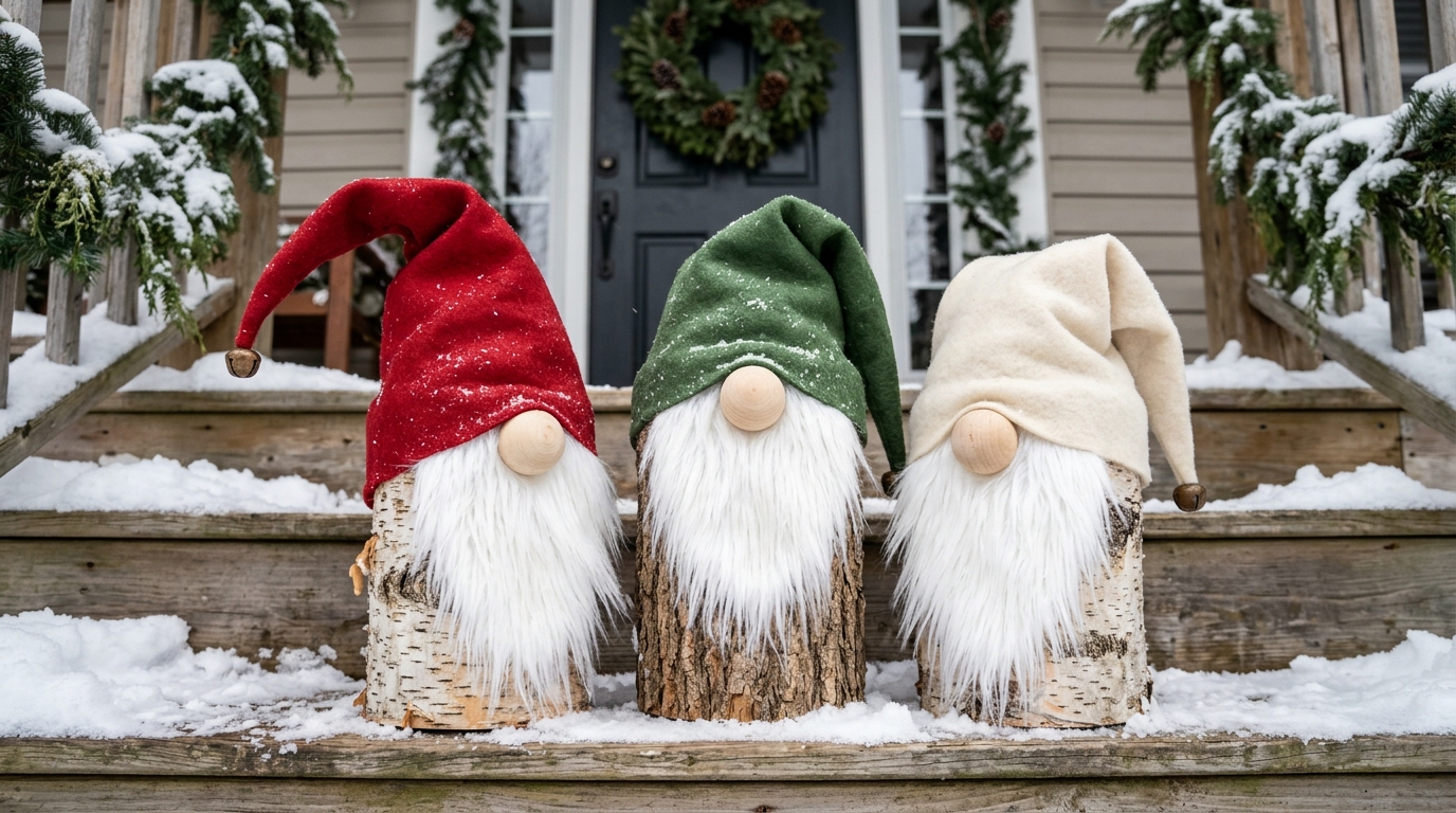 Three log Christmas gnomes with felt hats and white beards on snowy porch steps