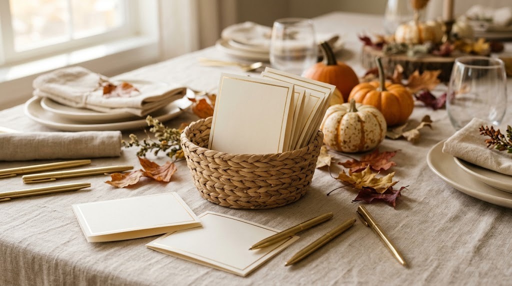 Woven basket of blank gratitude cards with gold pens on a Thanksgiving table