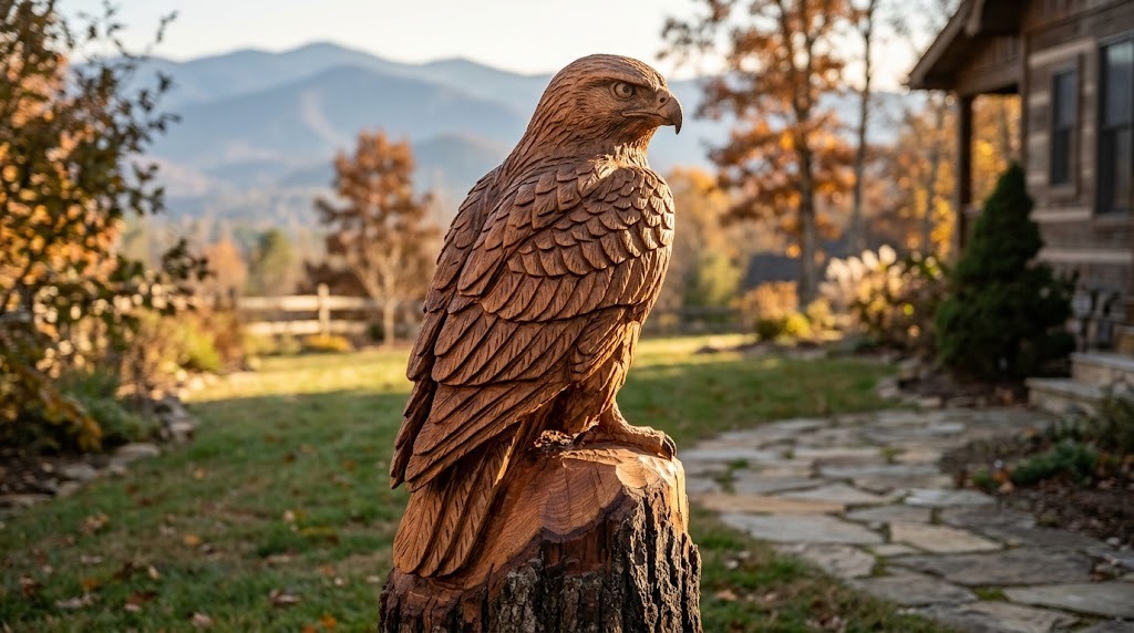 Tree stump carvings of a red oak hawk with layered feathers by a mountain home