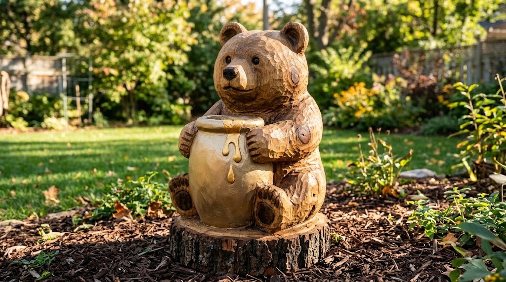 Tree stump carvings of a round bear cub hugging a gold honey pot in a garden bed