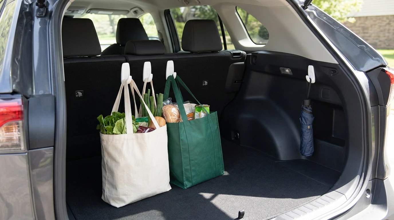 Adhesive hooks in an SUV trunk holding reusable grocery bags upright