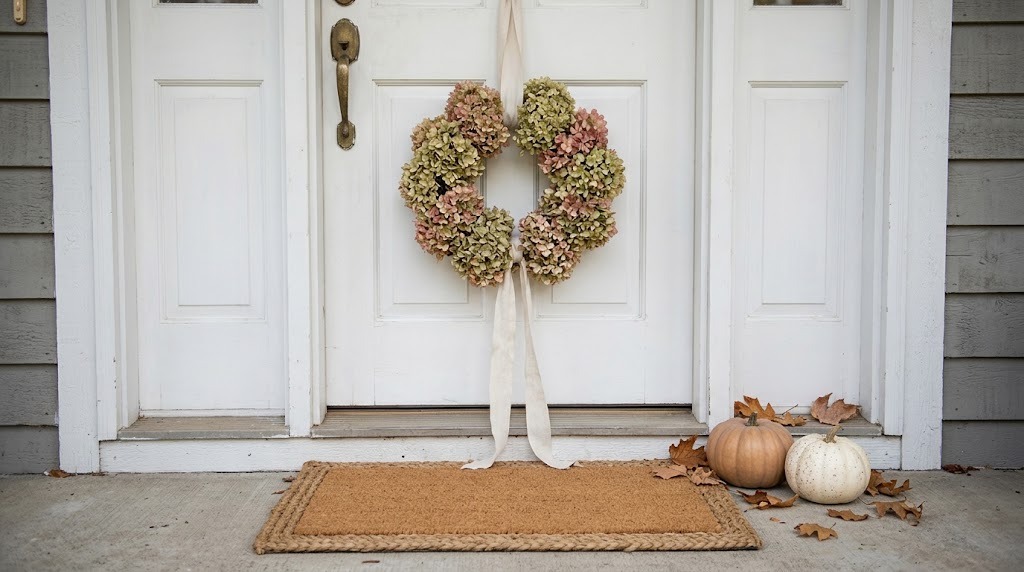 Dried hydrangea wreath on a white front door with pumpkins