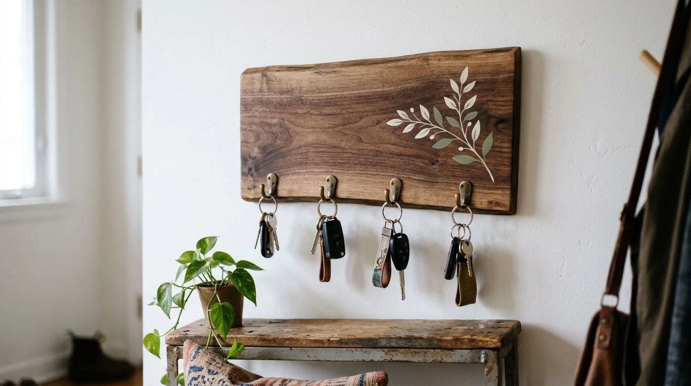 Walnut key holder board with brass hooks in an entryway