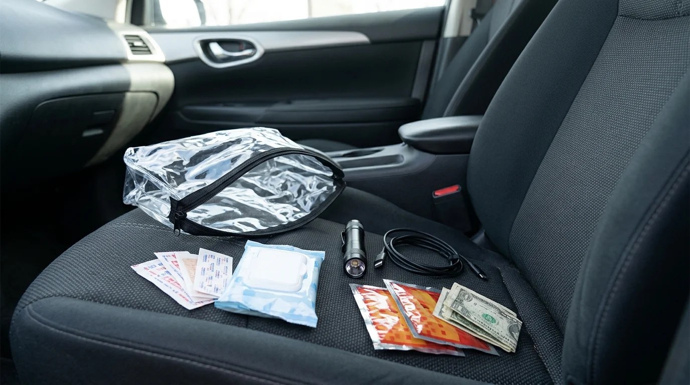 Clear zip pouch emergency kit with bandages, wipes, a flashlight and hand warmers