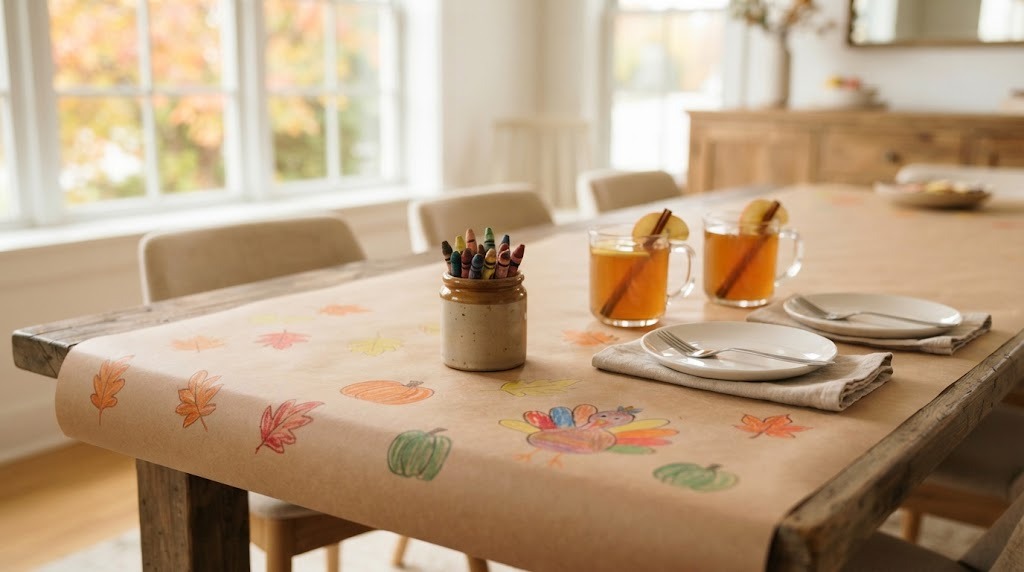 Kraft paper table cover with crayon doodles of leaves and pumpkins