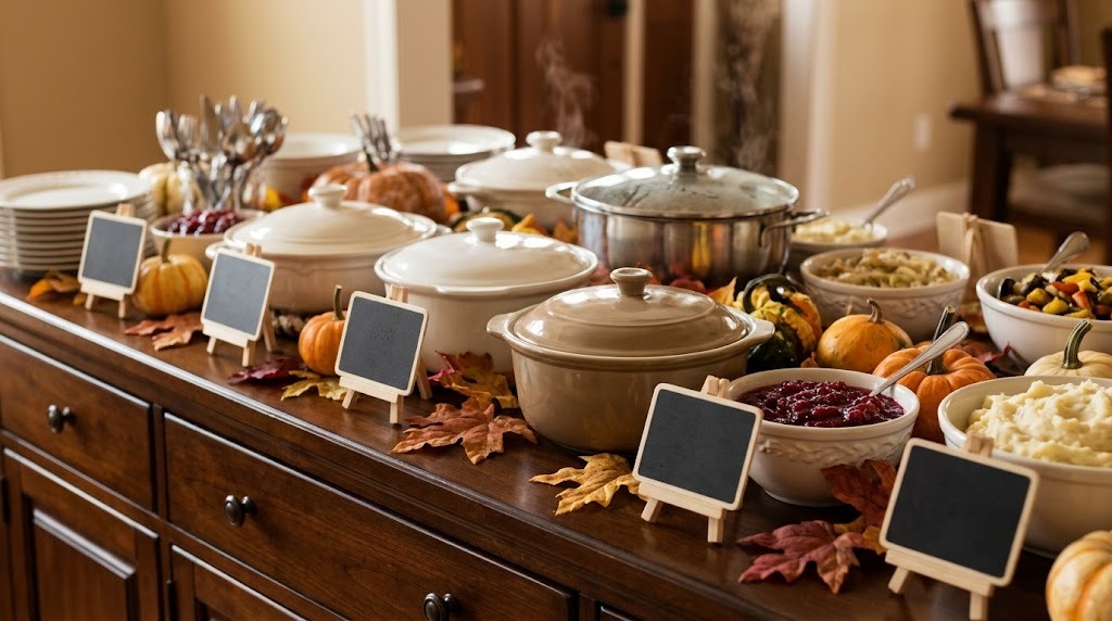 Thanksgiving buffet with mini chalkboard labels in front of each dish