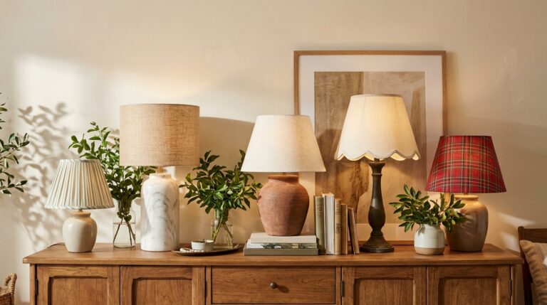 Lamp makeover ideas: five made over thrift lamps glowing on a sideboard with greenery and books