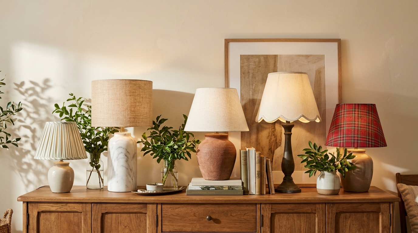 Lamp makeover ideas: five made over thrift lamps glowing on a sideboard with greenery and books