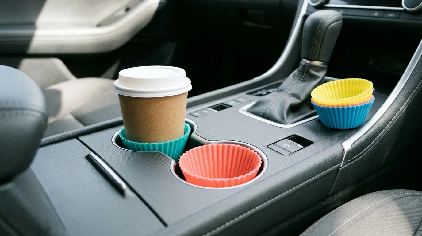 Car organization hacks for cup holders: silicone cupcake liners in a car console