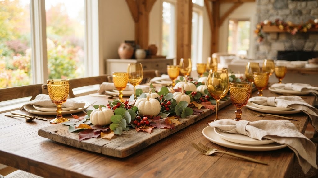 Martha Stewart Thanksgiving table with a low centerpiece of white pumpkins and eucalyptus