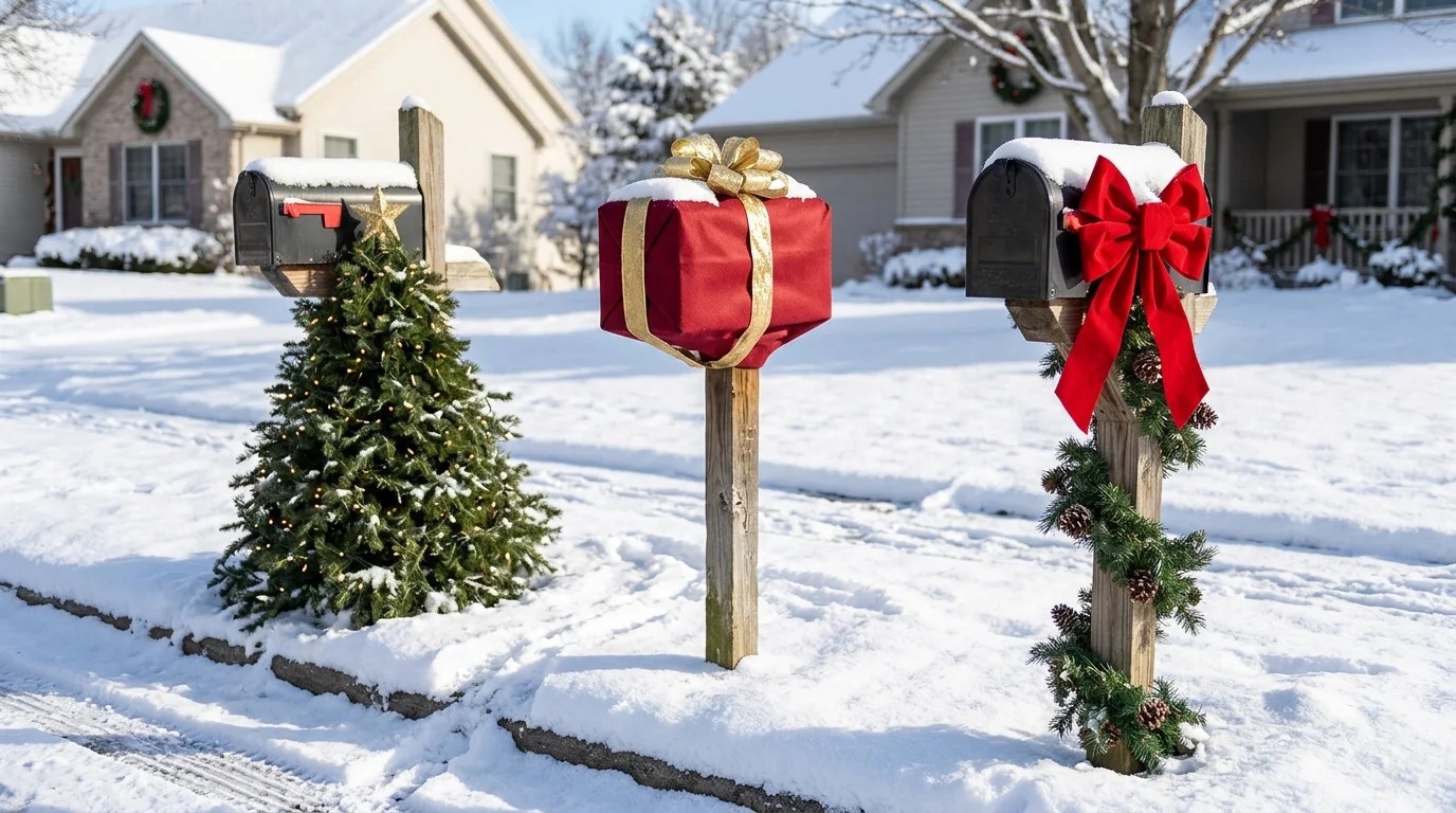 Christmas mailbox decor on a snowy street with a cone tree post, a present wrapped mailbox and a bow and garland post