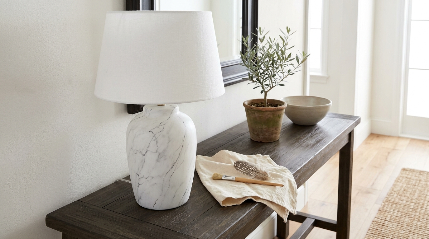 Lamp makeover ideas with a faux marble painted base and linen shade in an entryway