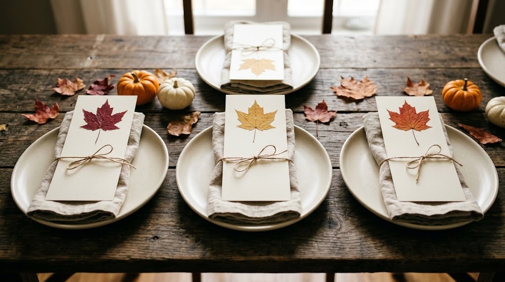 Menu cards with pressed maple leaves tied to linen napkins