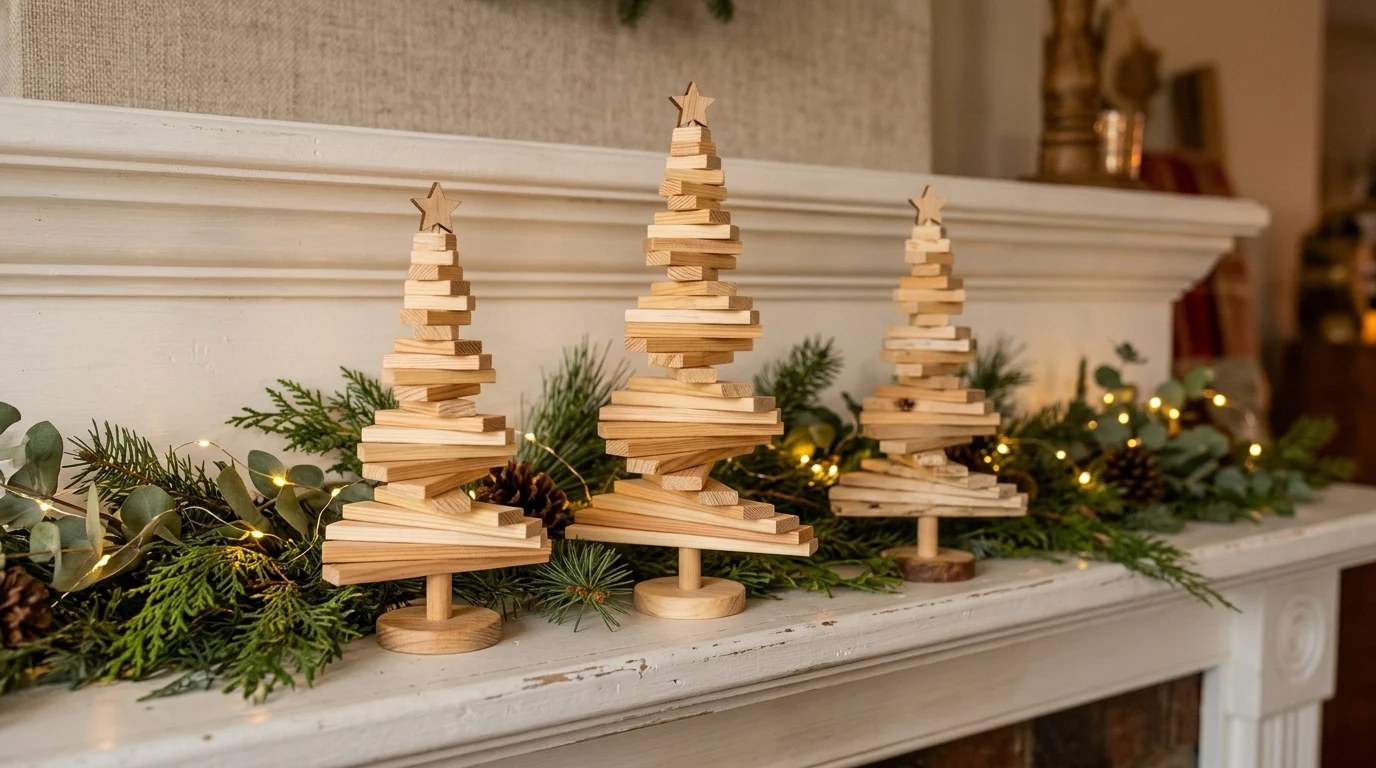Three spiral wood strip Christmas trees on a white mantel