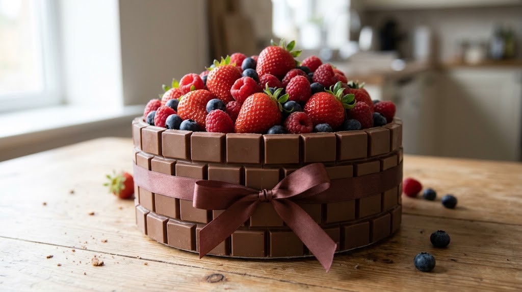 Cake wrapped in squares of milk chocolate and topped with berries